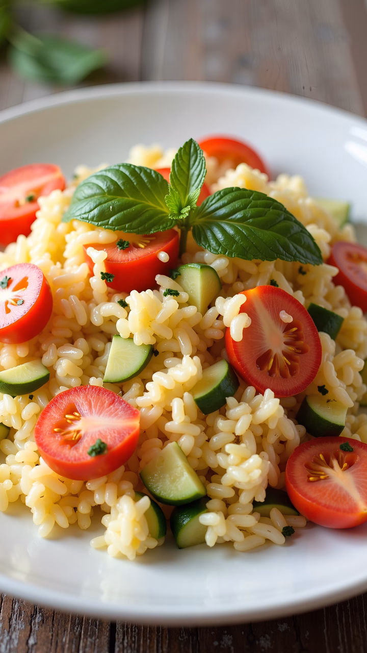 Bright and fresh risotto with tomatoes and cucumber, perfect for a summer meal.