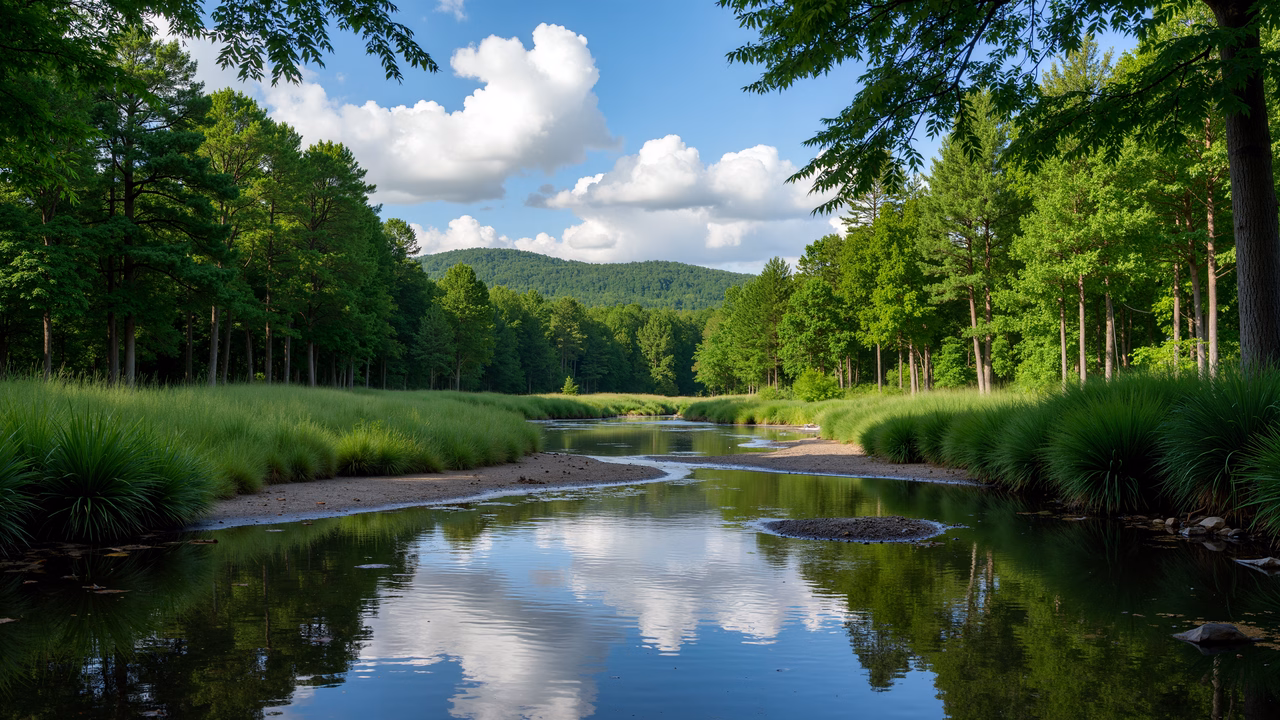 A tranquil river surrounded by a lush forest under a bright blue sky with fluffy clouds.