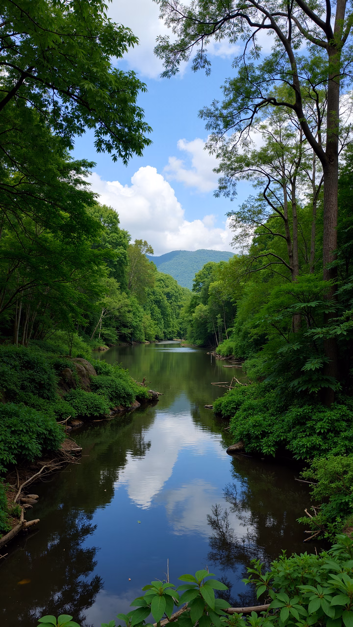 A tranquil river surrounded by lush greenery, reflecting the sky and clouds.