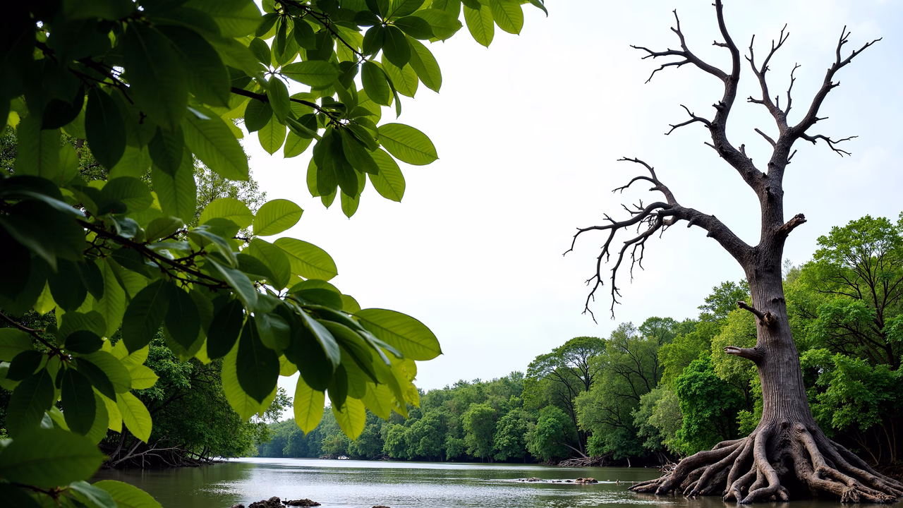 Dead tree on riverbank with lush foliage and calm waters.