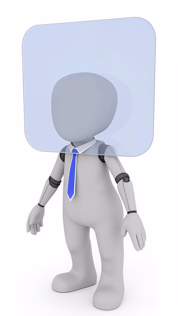 A futuristic robot character with a square head and mechanical limbs against a stark white backdrop.