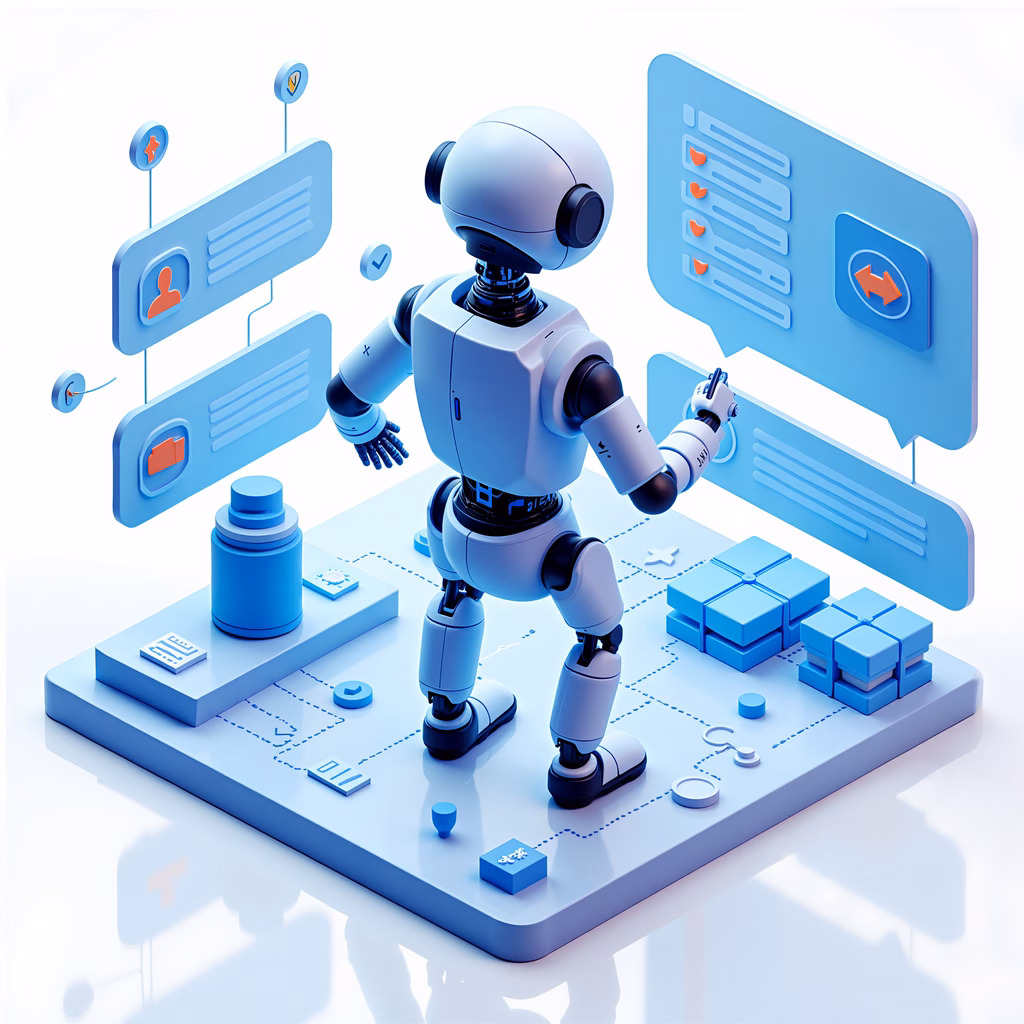 A humanoid robot engaging with a digital interface in a clean, modern design.