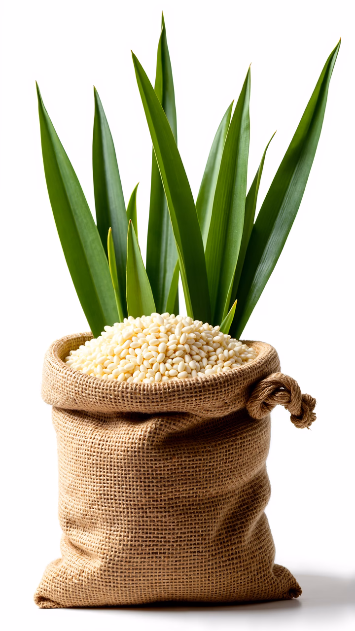Rustic sack filled with seeds and greenery, showcasing natural textures and colors.