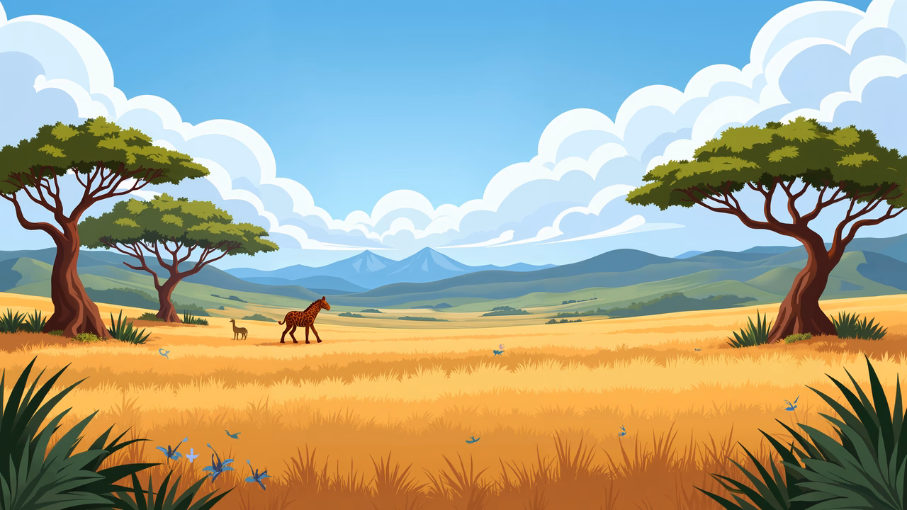 A serene savannah landscape with acacia trees, giraffes, and distant mountains.