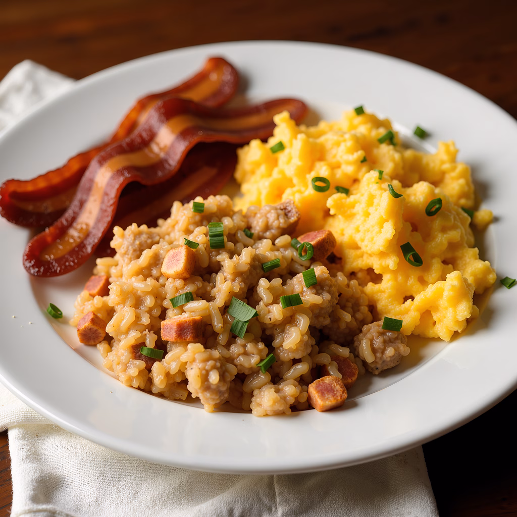 Close-up of scrambled eggs and bacon on a white plate.