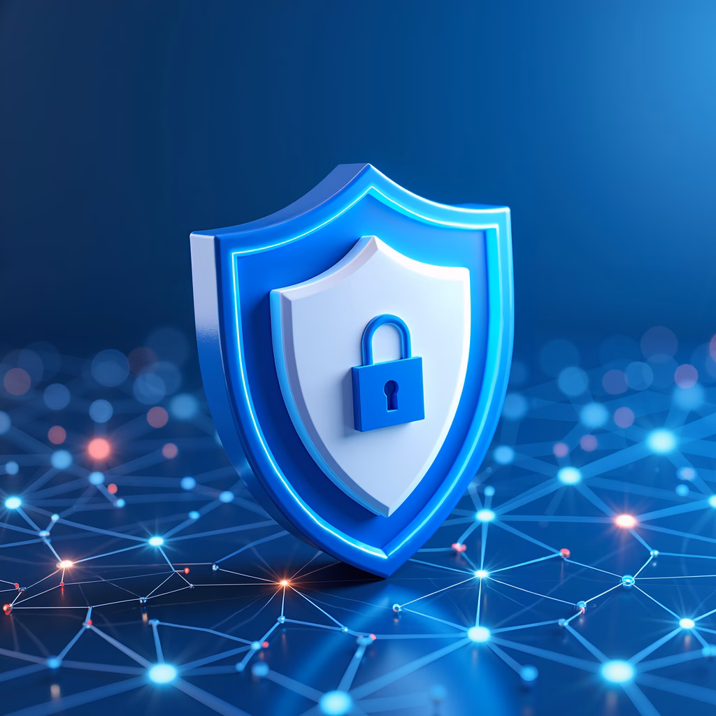 A glowing blue shield symbolizing digital security and protection.
