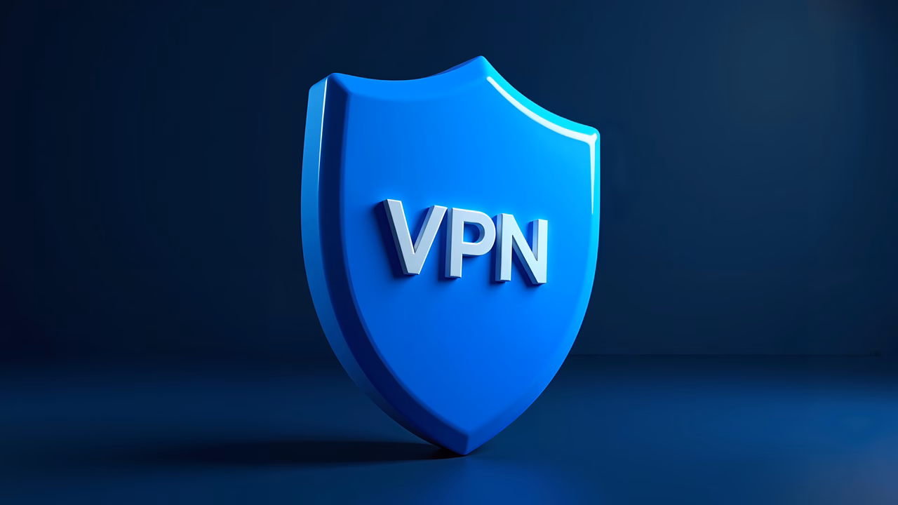 Stylized blue shield with 'VPN' acronym, symbolizing online privacy and security.