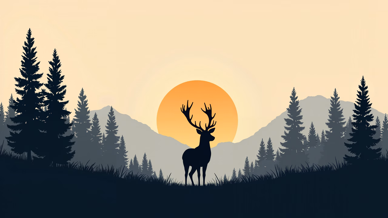 Silhouette deer against a stunning sunset, surrounded by pine trees and mountains.