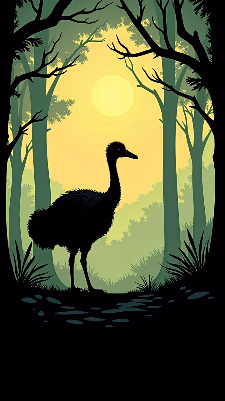 Silhouette emu in a tranquil forest at dawn or dusk.