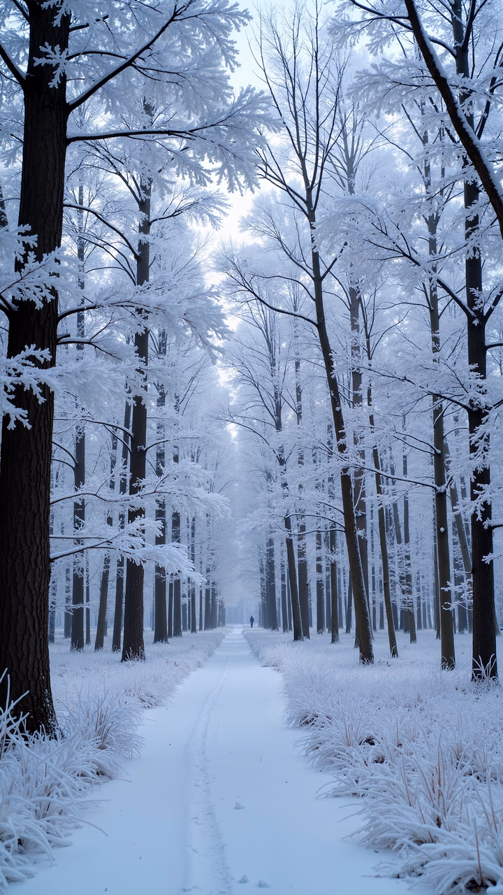 A tranquil winter landscape with a snow-covered path through a frost-laden forest.