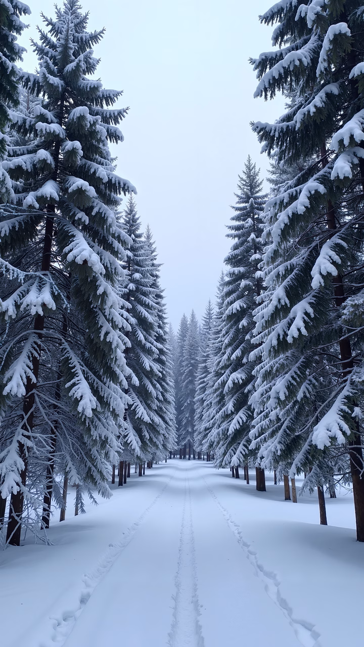 A tranquil winter path lined with snow-laden evergreens under a pale blue sky.