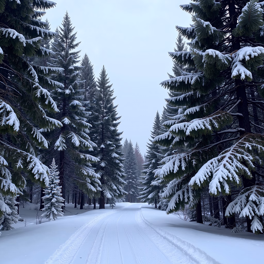 A peaceful snowy forest path under an overcast sky.