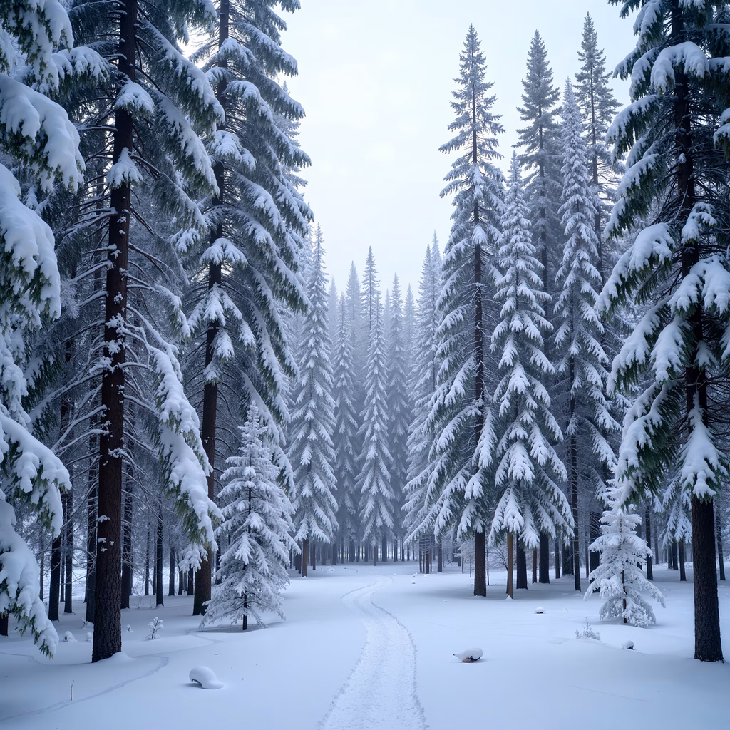 A tranquil winter landscape featuring a snow-covered forest path and towering evergreens.