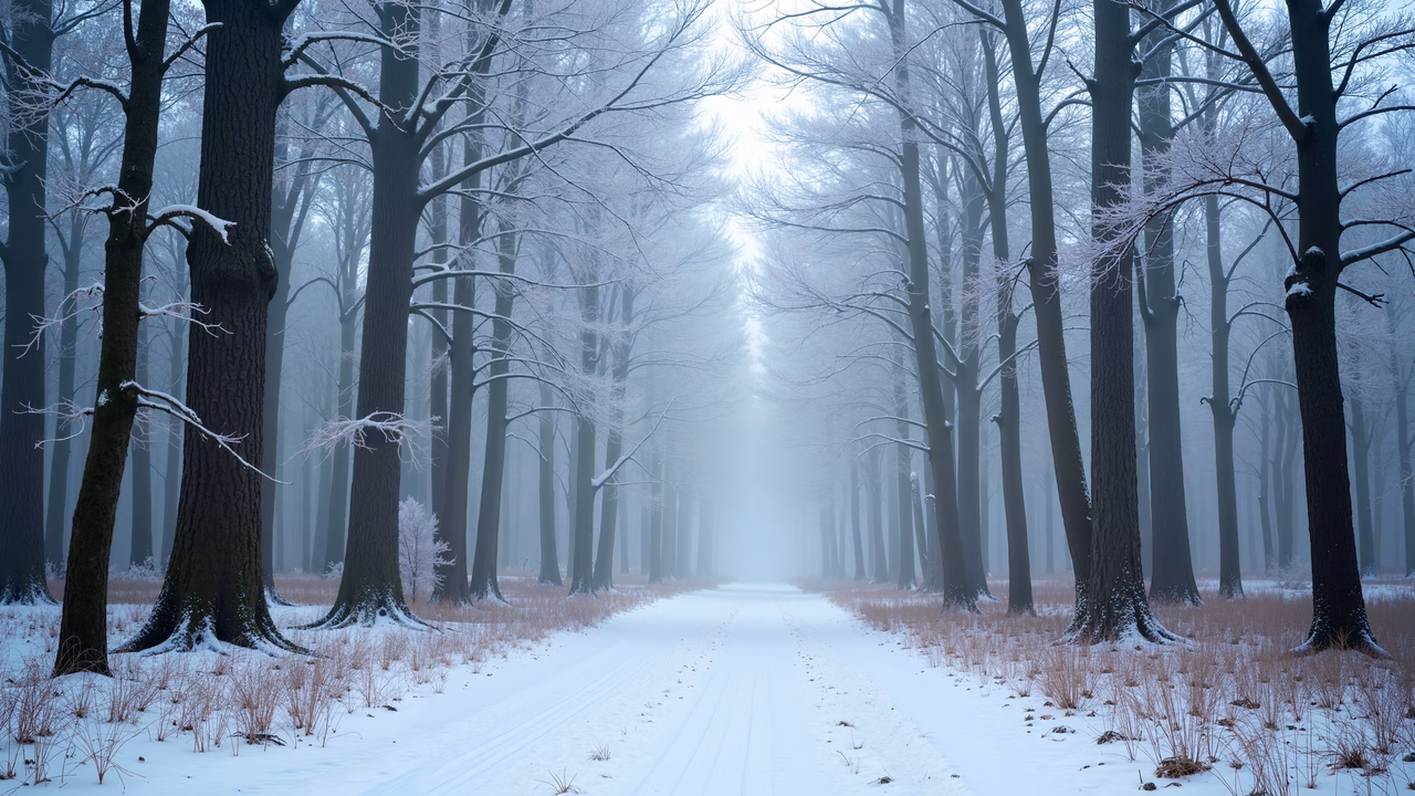 A tranquil snowy forest path surrounded by frost-laden trees.