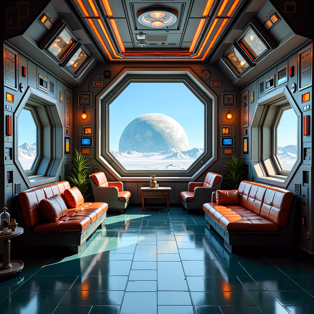 Futuristic space living room with advanced technology and cozy furniture.