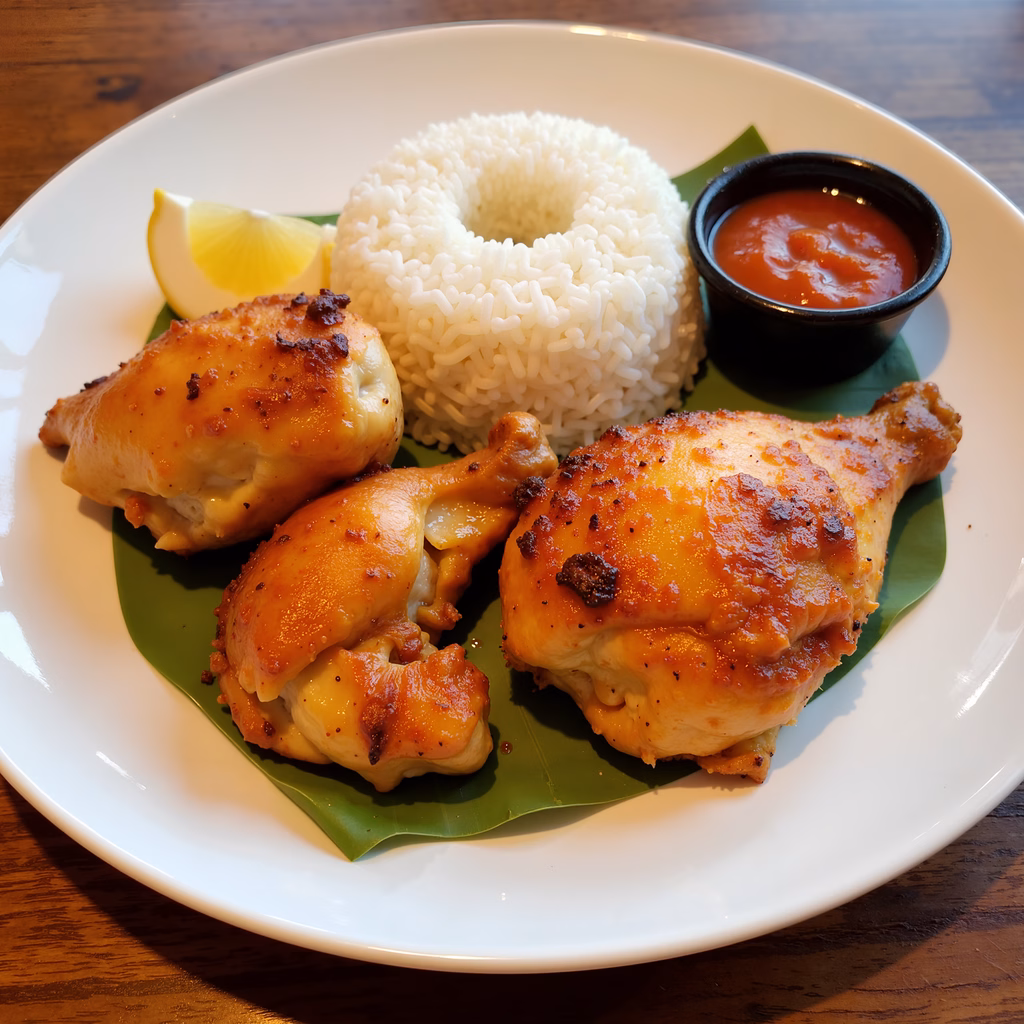 Spicy chicken thighs with rice and tangy ketchup, perfect for a satisfying meal.