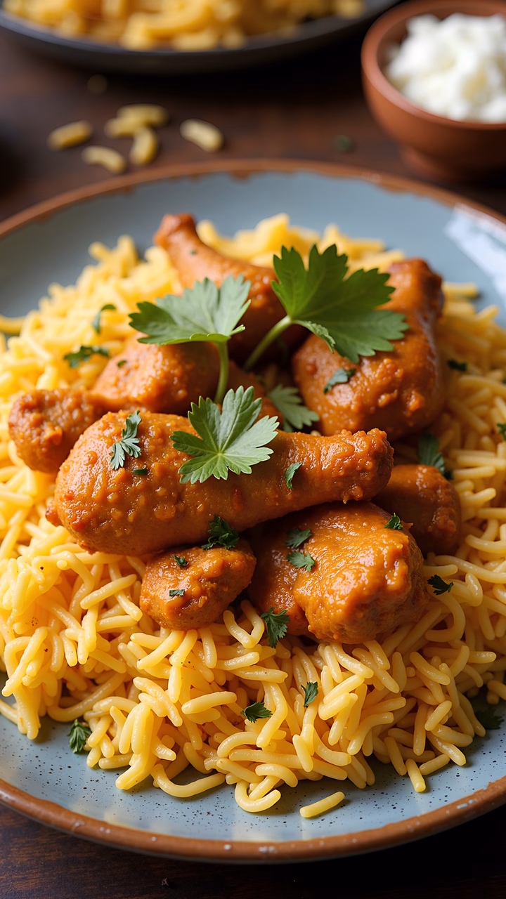 Spicy chicken tikka masala served over basmati rice, garnished with cilantro.