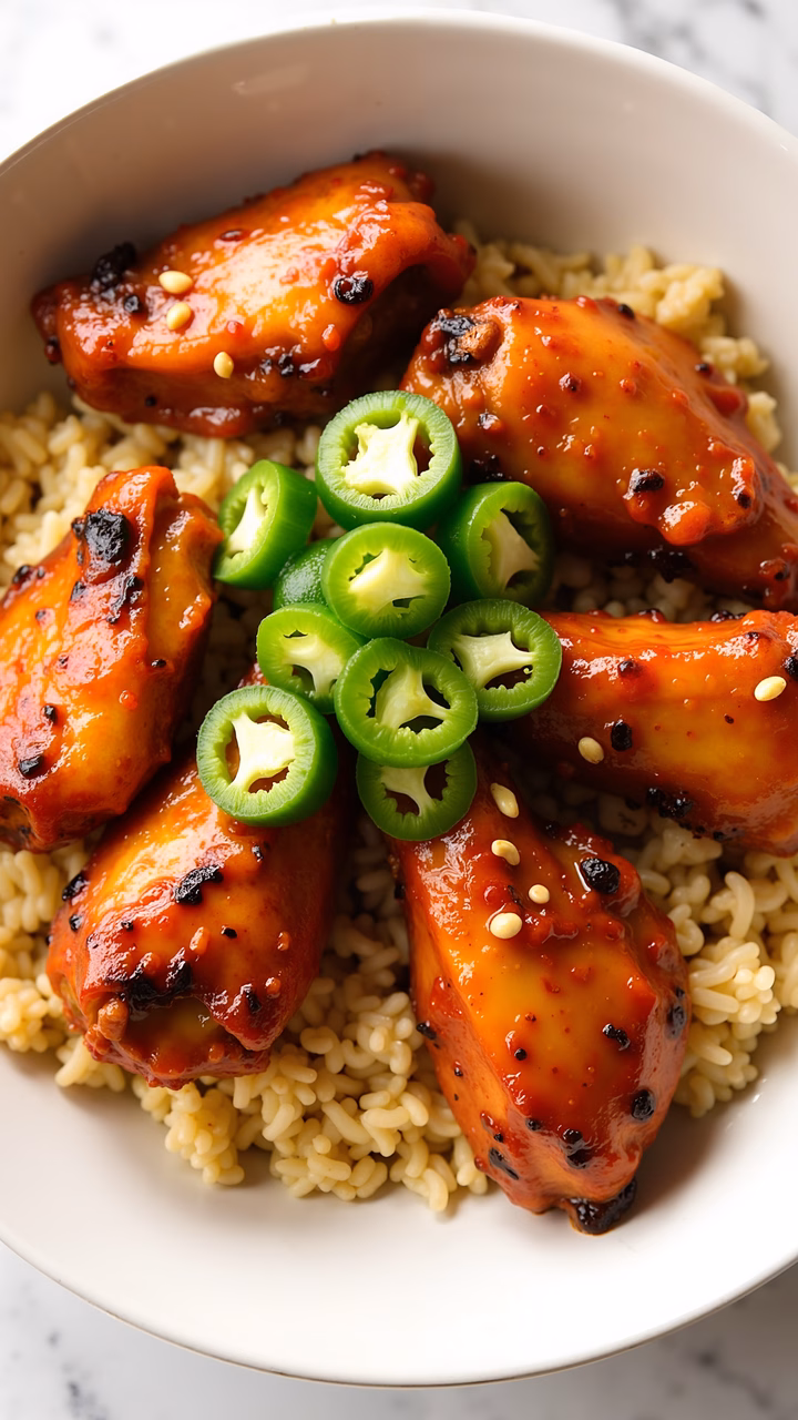 Spicy chicken wings with jalapeños and sesame seeds on rice.