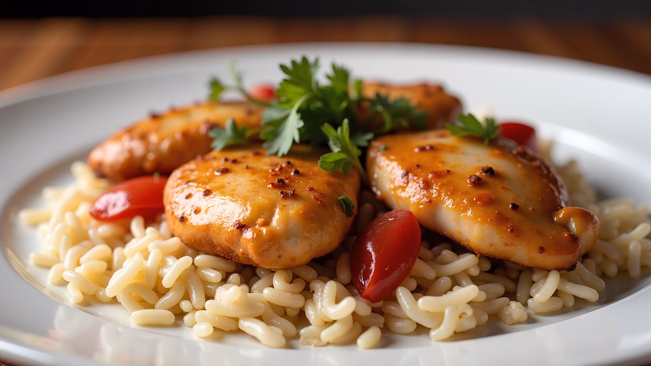 Close-up photo of spicy chicken with pasta, garnished with parsley, perfect for food enthusiasts.