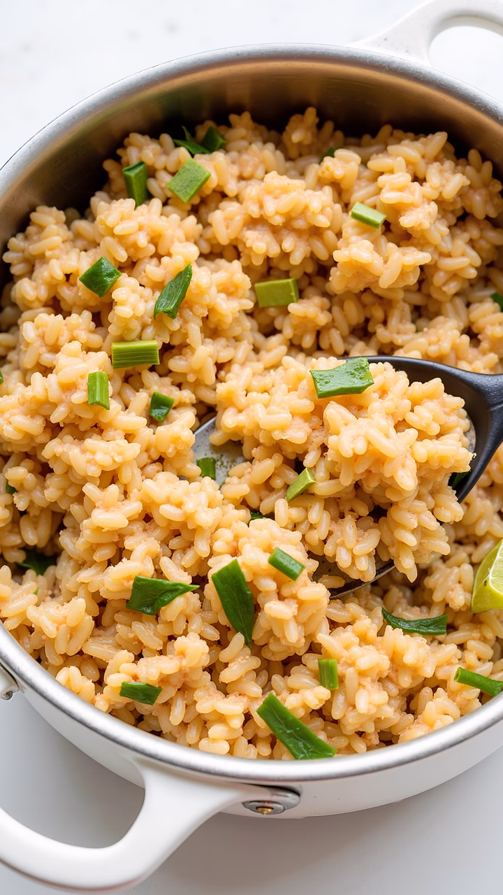 Close-up of spicy rice dish garnished with green onions.