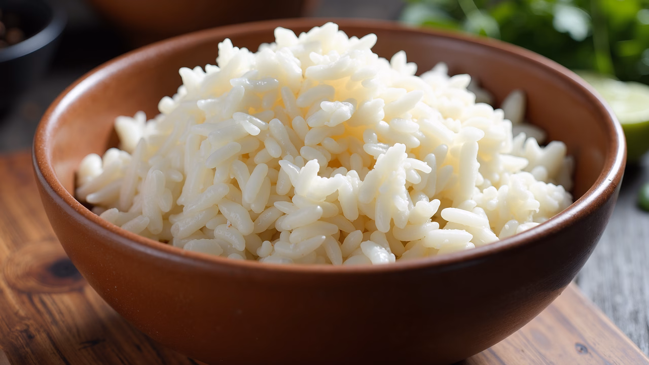 Close-up of steamed rice in a clay bowl on a wooden table, evoking warmth and comfort.
