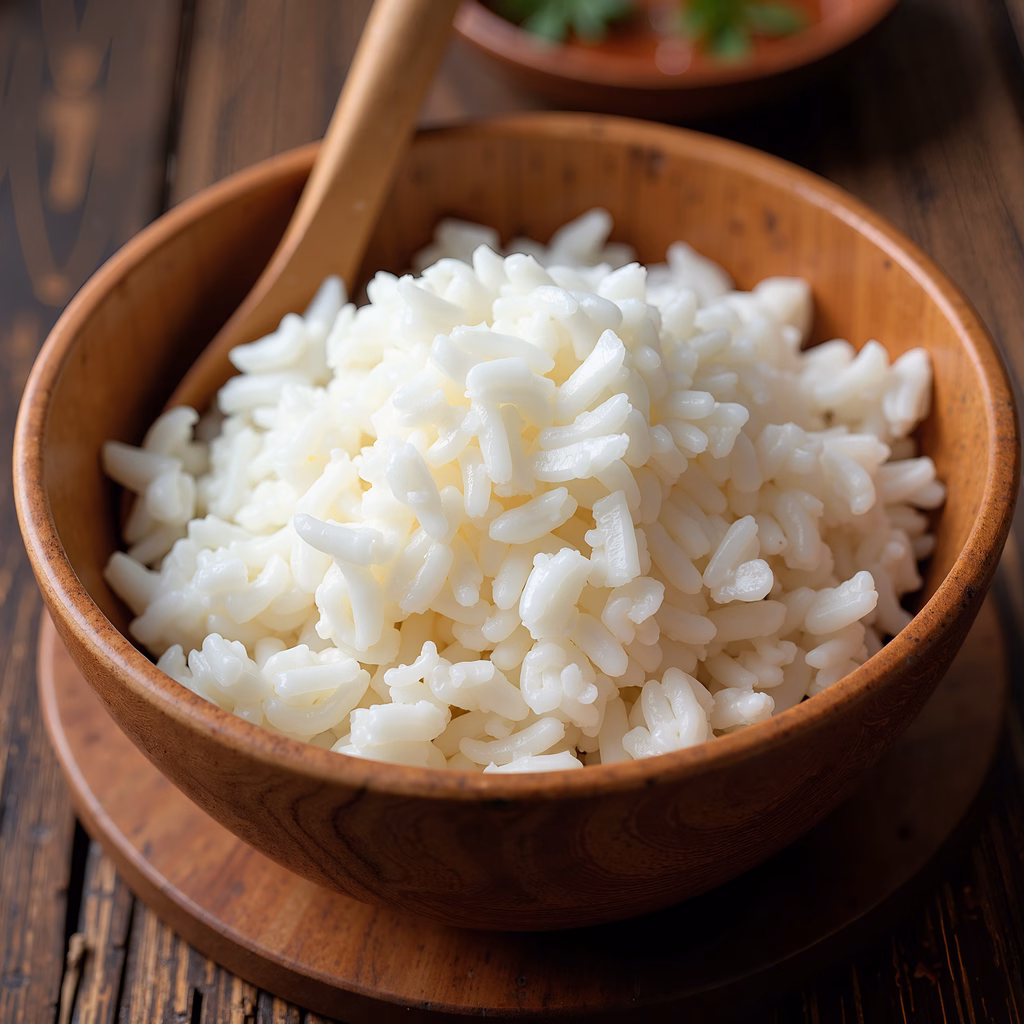 Close-up of steamed rice in a wooden bowl, showcasing its fluffy texture and warm tones.