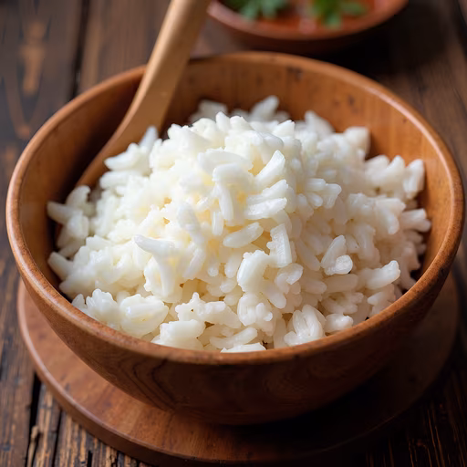 Steamed Rice in Wooden Bowl