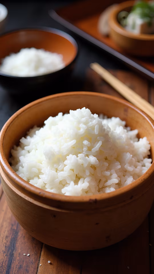 Steamed Rice in Wooden Bowl