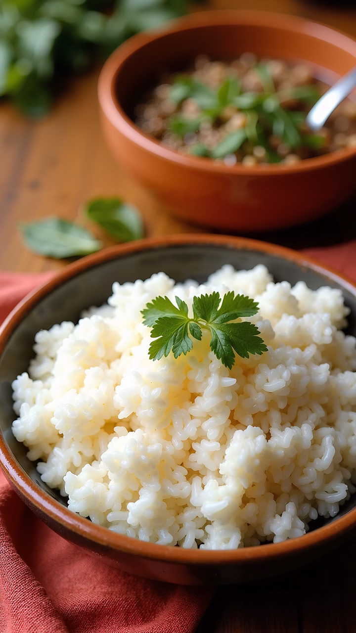 Close-up of steamed rice garnished with parsley in a rustic clay bowl, evoking comfort and homeliness.