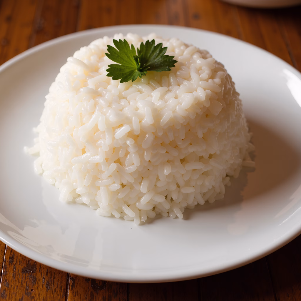 Close-up of steamed rice garnished with parsley, served on a white plate.