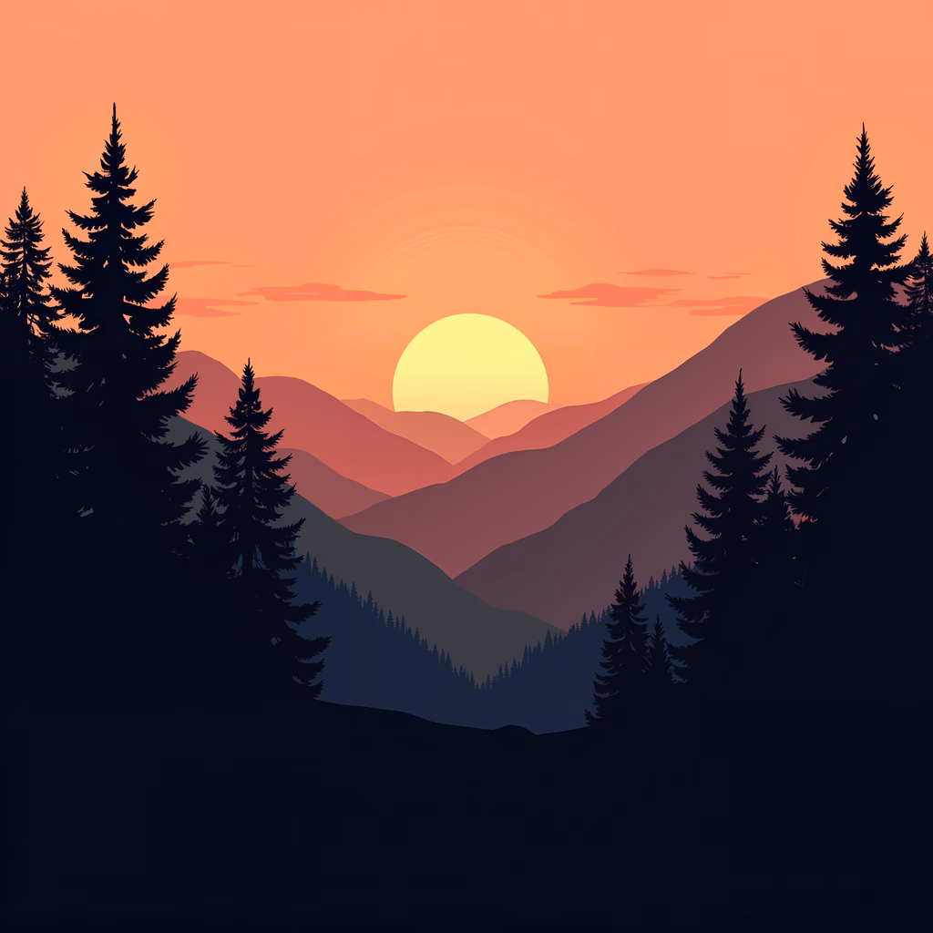 A tranquil sunset scene with pine tree silhouettes and layered mountains.