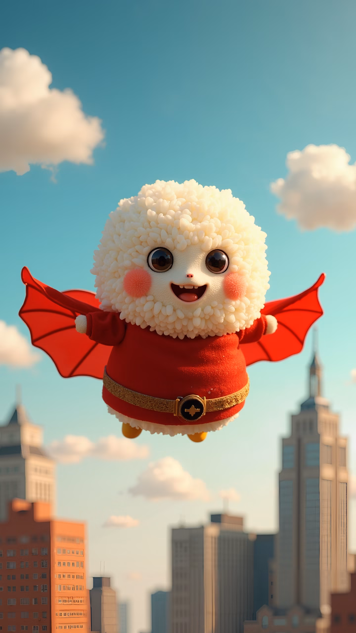 A cute, fluffy superhero flying over a city skyline.