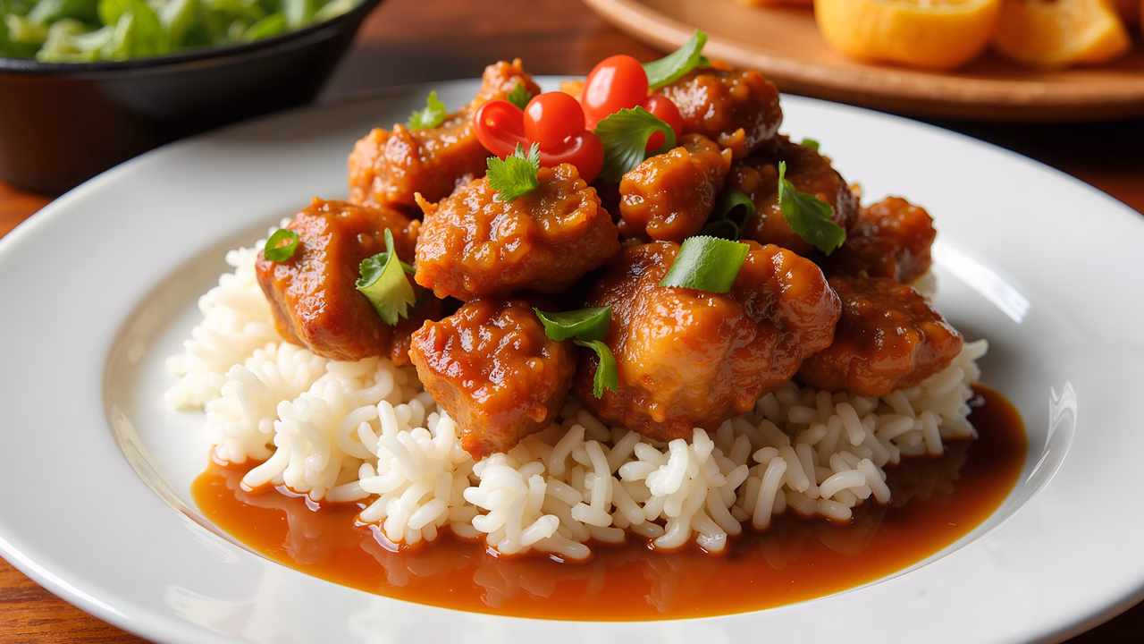 Tender sweet and sour pork with rice, garnished with green onions and cherry tomatoes.