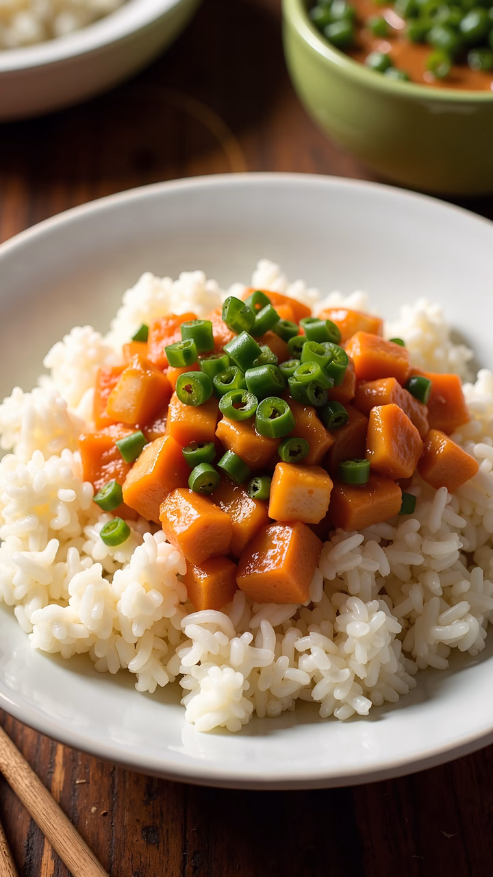 Close-up of sweet potato curry served over rice, garnished with green onions.