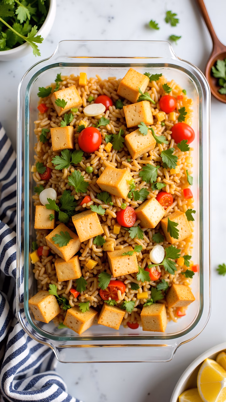 Vibrant tofu and rice stir-fry with fresh vegetables and cilantro.