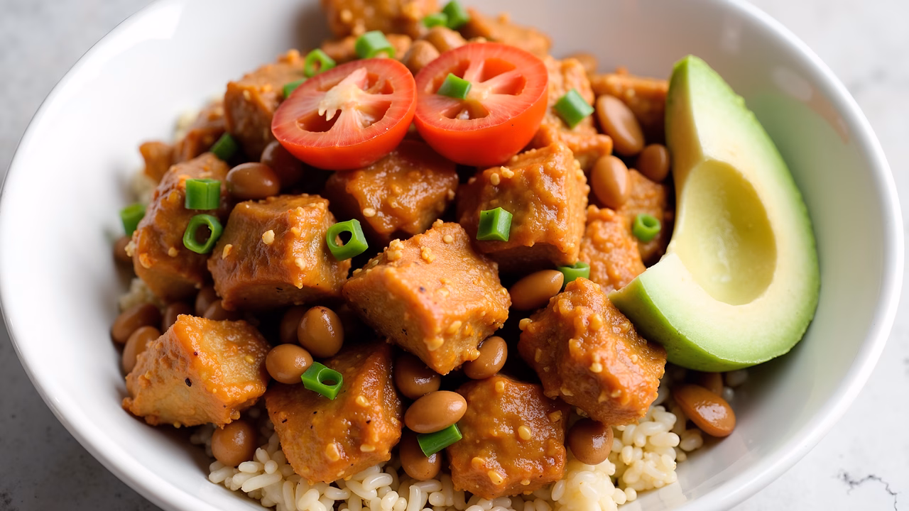 Close-up of tofu bowl with avocado and chili peppers.