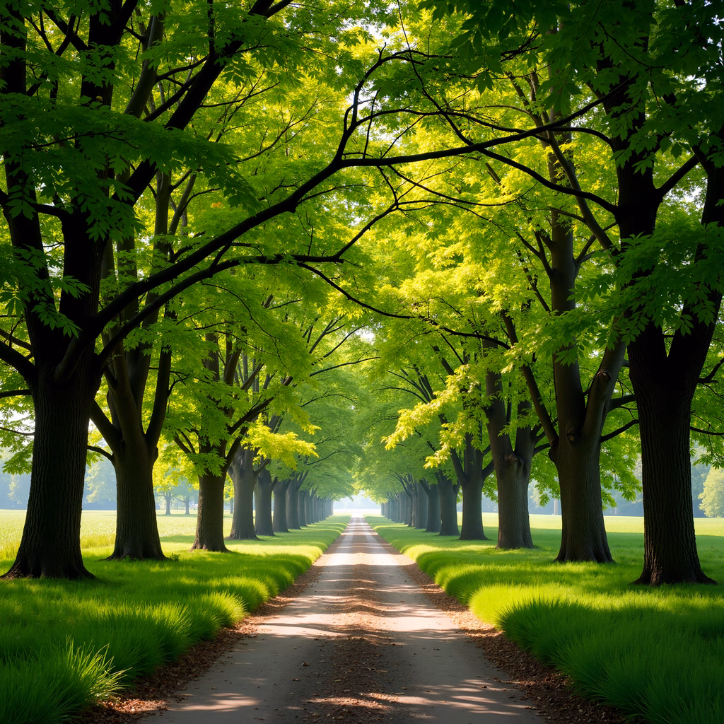 A tranquil tree-lined pathway under a bright sunlit sky.