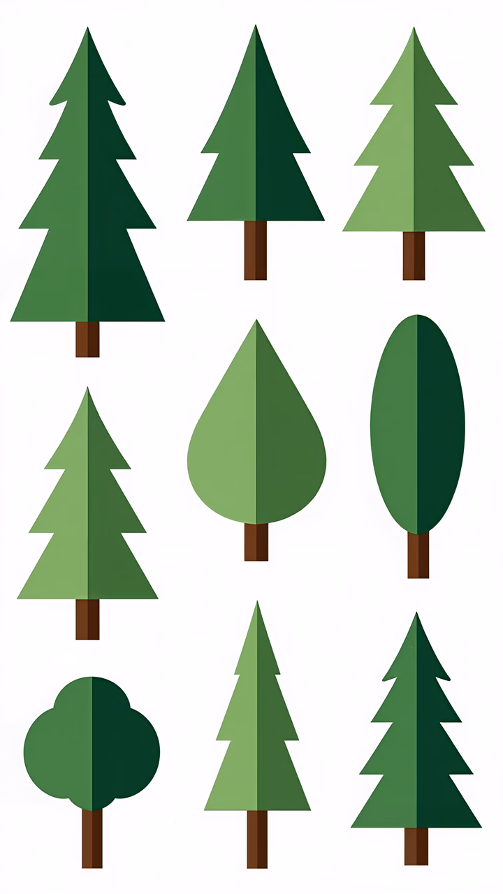 Variety of tree illustrations with diverse leaf patterns and trunk designs.