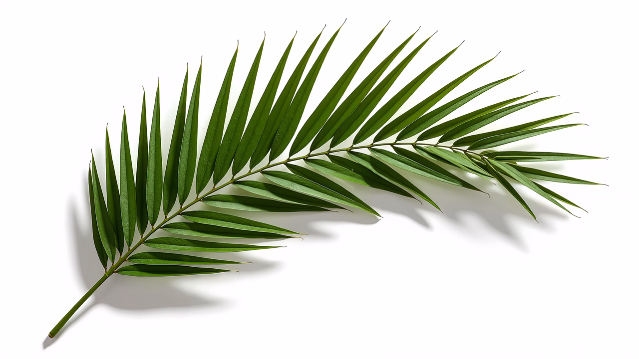 Close-up of a vibrant tropical leaf against a white background.