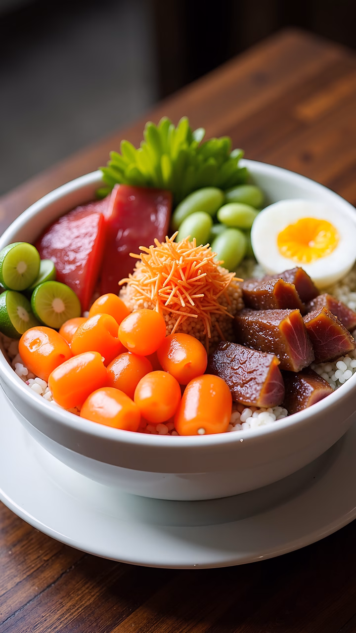 A colorful tuna donburi bowl with fresh ingredients and garnishes.
