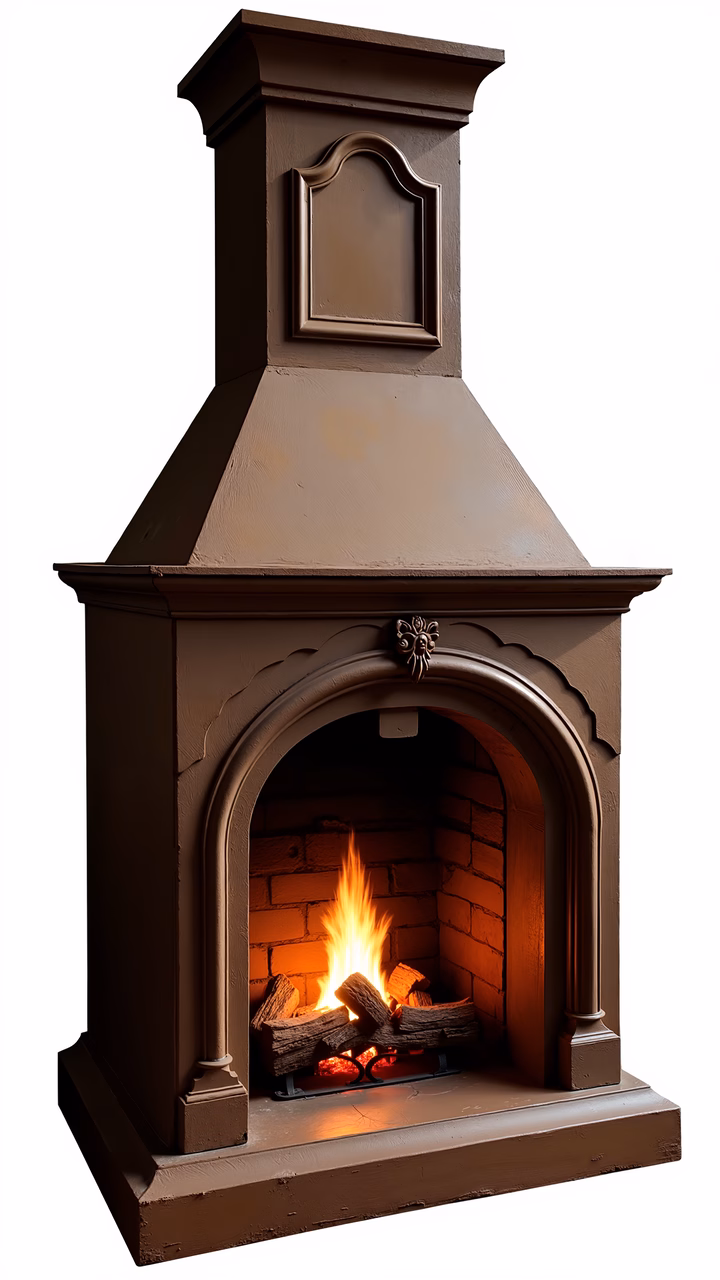 A detailed illustration of a classic-style fireplace with a crackling fire, creating a cozy ambiance.