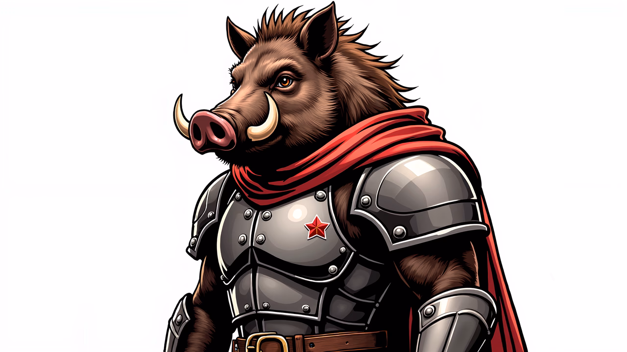 A fierce warthog knight in medieval armor, ready for battle.