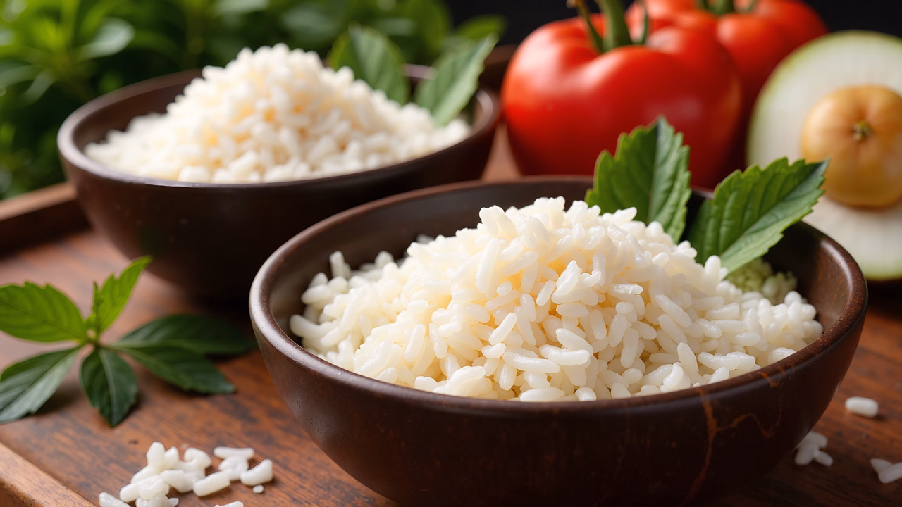 Close-up of white rice bowls with basil and vegetables on a wooden table.