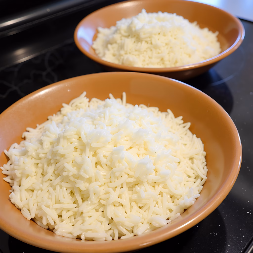 Two bowls of white rice on a stovetop, showcasing a simple yet comforting meal.