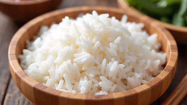 White Rice in Wooden Bowl
