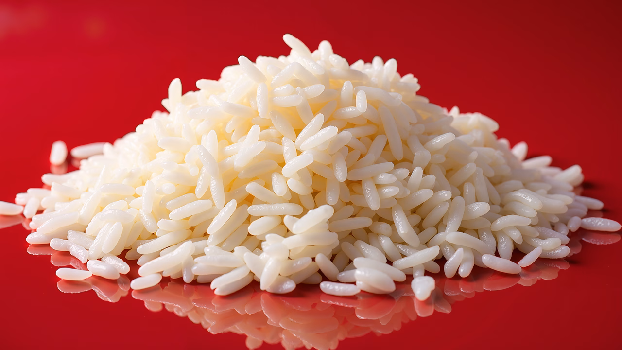 Close-up of white rice against a red background, highlighting purity and freshness.