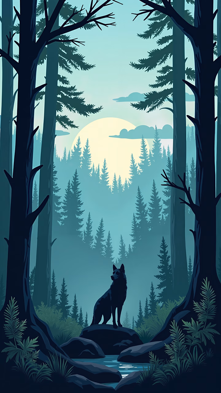 A wolf in a tranquil forest at dusk, surrounded by tall trees and a glowing moon.