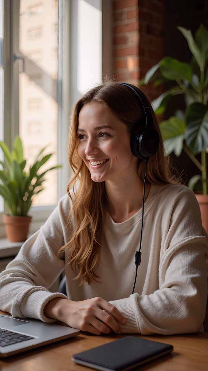 Woman enjoying music in a serene setting.