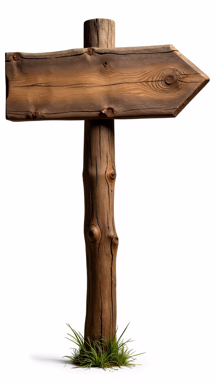 Rustic wooden directional sign against a white background, symbolizing guidance and adventure.