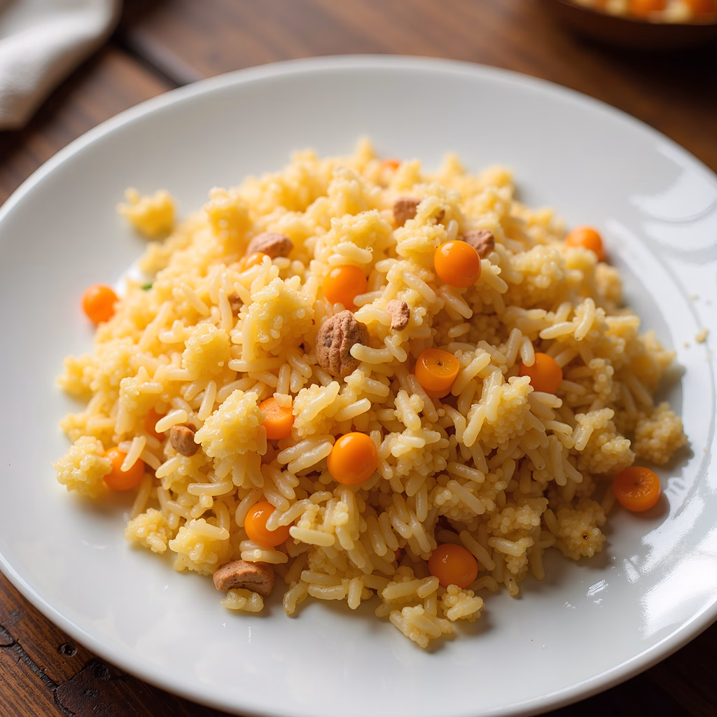 Close-up of yellow rice with orange seeds and nuts, warm and inviting.